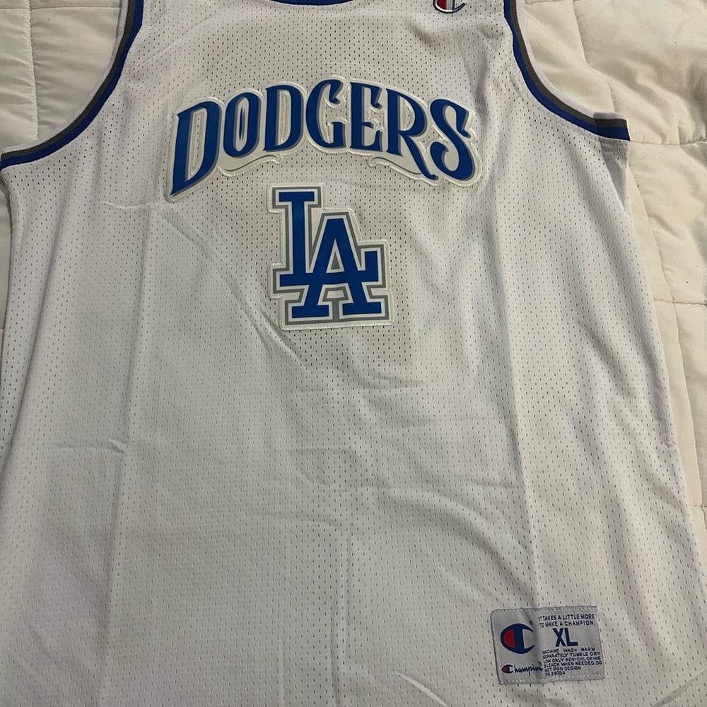 Champion White Dodgers Jersey with Blue Details